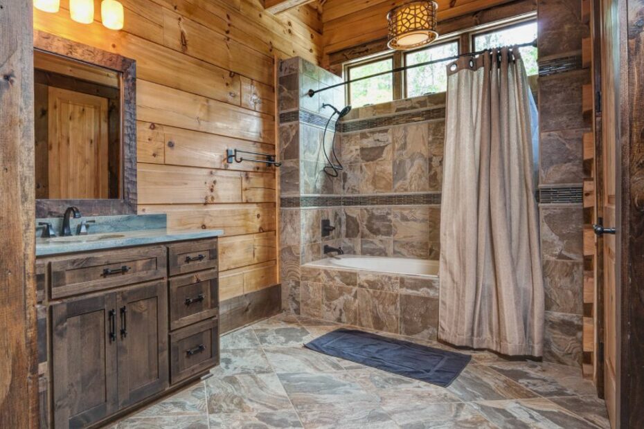 Bathroom with tles and rustic cabinets