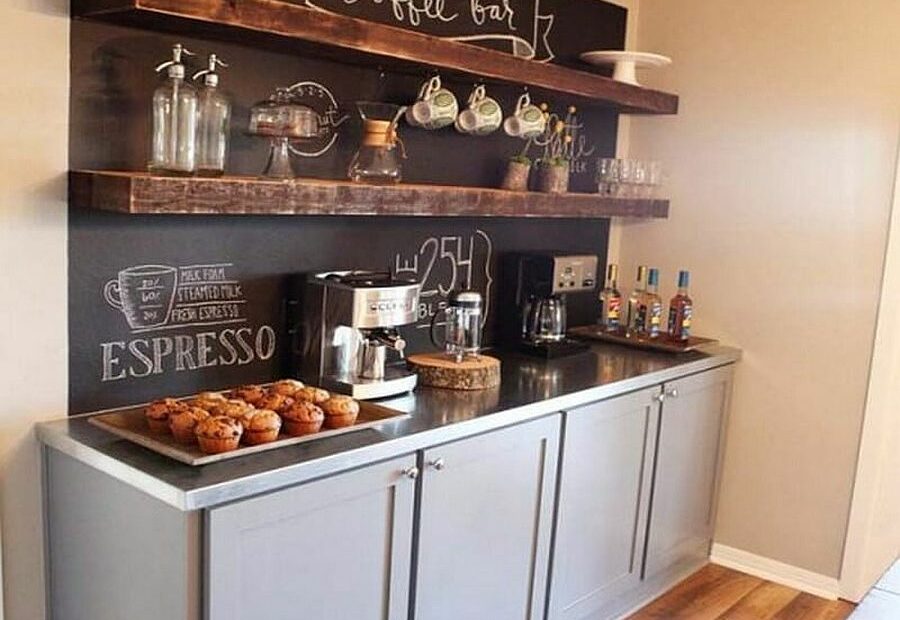 Coffee bar in the kitchen with chalkboard wall and floating wooden shelves